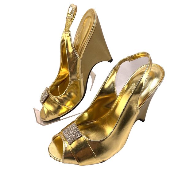 Db Dk Fashion Pump Women's Size 7 - 4" Heel Slingback Peep Toe Gold Rhinestones - Picture 1 of 11